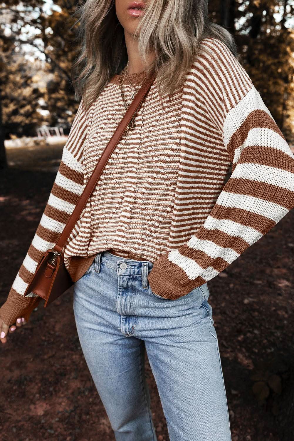 Brown Stripe Geometric Textured Drop Shoulder Sweater - Love Salve